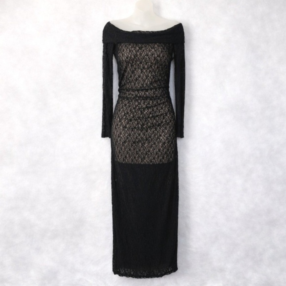Whimsigoth Gothic Lace Overlay Maxi Dress Women L Black Sheer Dark Romance NWT‎